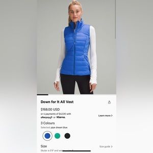 BRAND NEW Lululemon Down For It All Vest, Size 6, never worn, color Blue Nile.